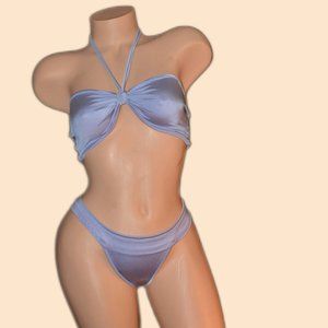 Silver Blue Lycra Tube Top Two Piece Bikini Set